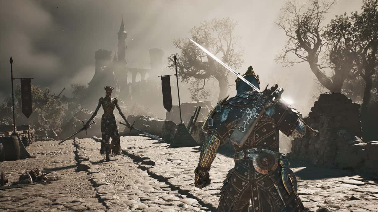 An armored Mortal Shell II warrior facing a dual-bladed enemy on a ruined stone road