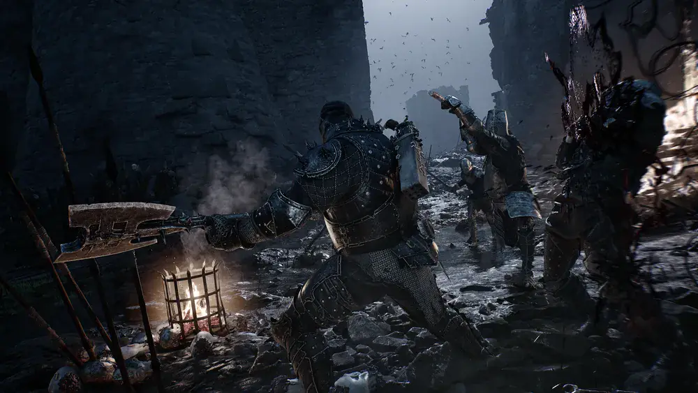 A warrior fighting through a narrow rocky passage in Mortal Shell II