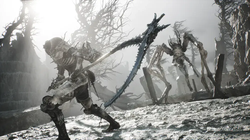 An armored warrior Shell wielding a curved polearm in Mortal Shell II