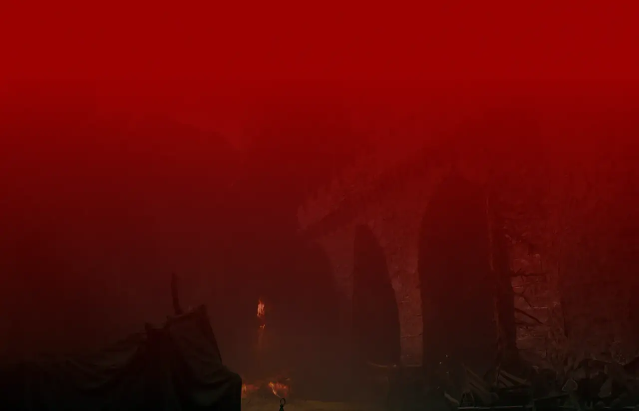 A red-lit ruined forest and stone archway in the ravaged world of Mortal Shell II